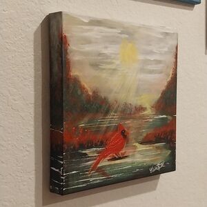 Original Acrylic Cardinal in Nature Canvas Art. Signed 12 X 12